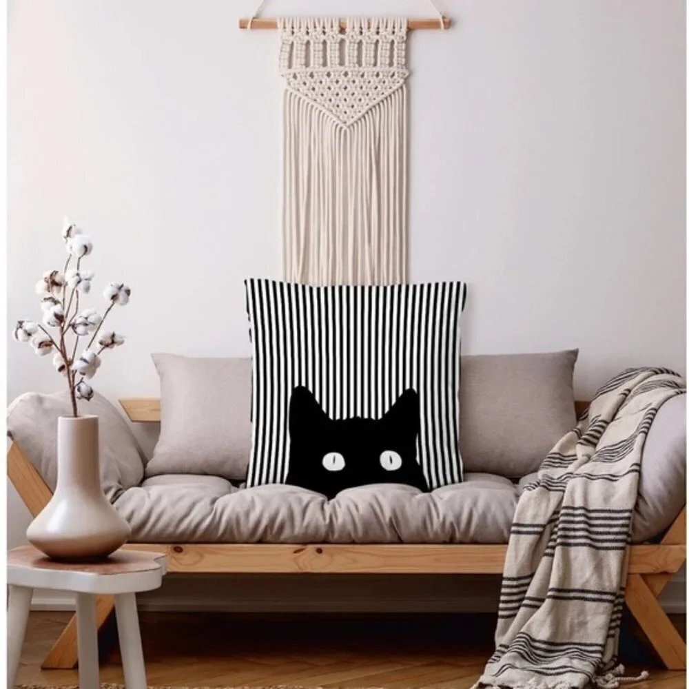 Cat Theme Pillow Cover Zippered Decorative Square Black White 17.7 in X 17.7 in